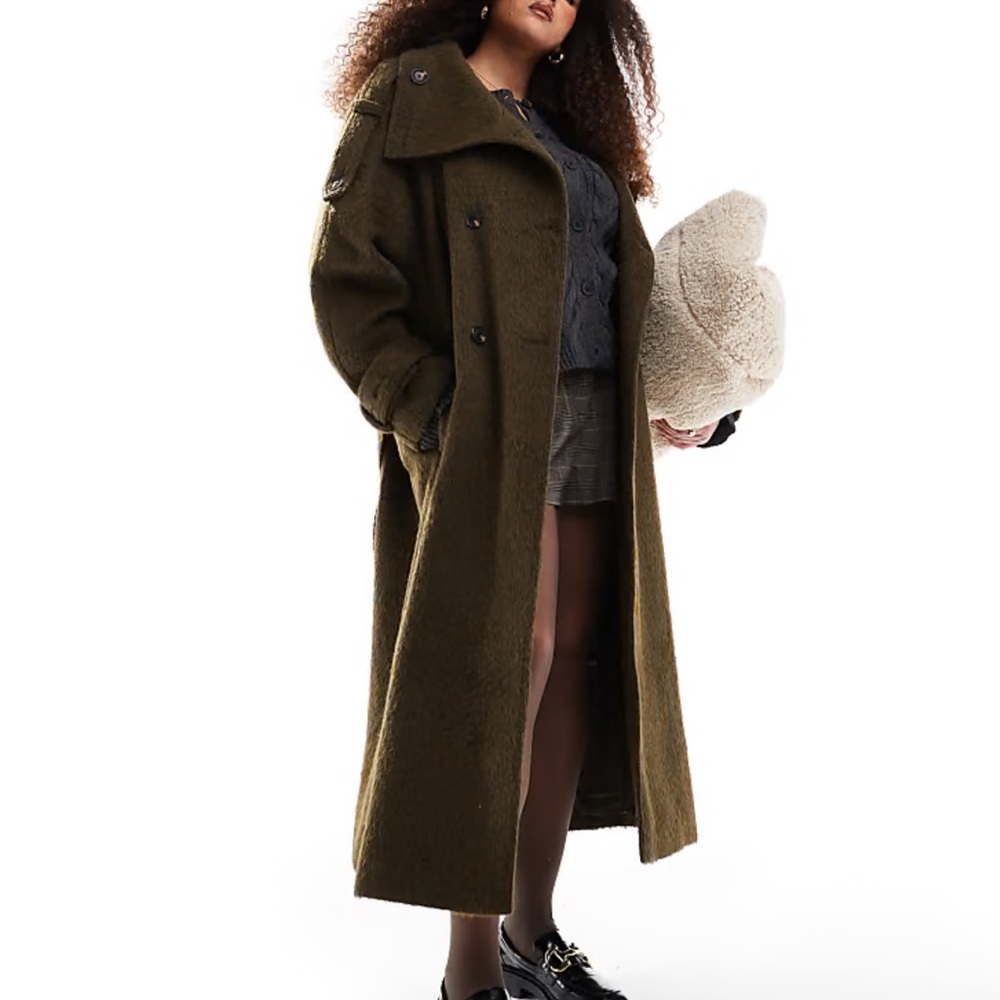 ASOS DESIGN Curve brushed funnel neck trench coat in khaki olive green Size 26